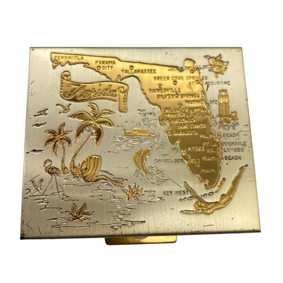VTG Ritz Florida Compact Souvenir gold tone Powder makeup 1960s Box - Picture 3 of 15